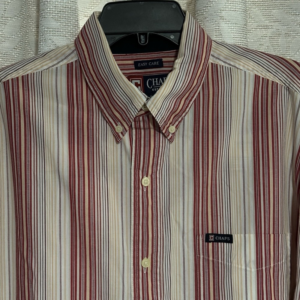Chaps Deep Red Orange Striped Long Sleeve Easy‎ Care Button Down Dress Shirt